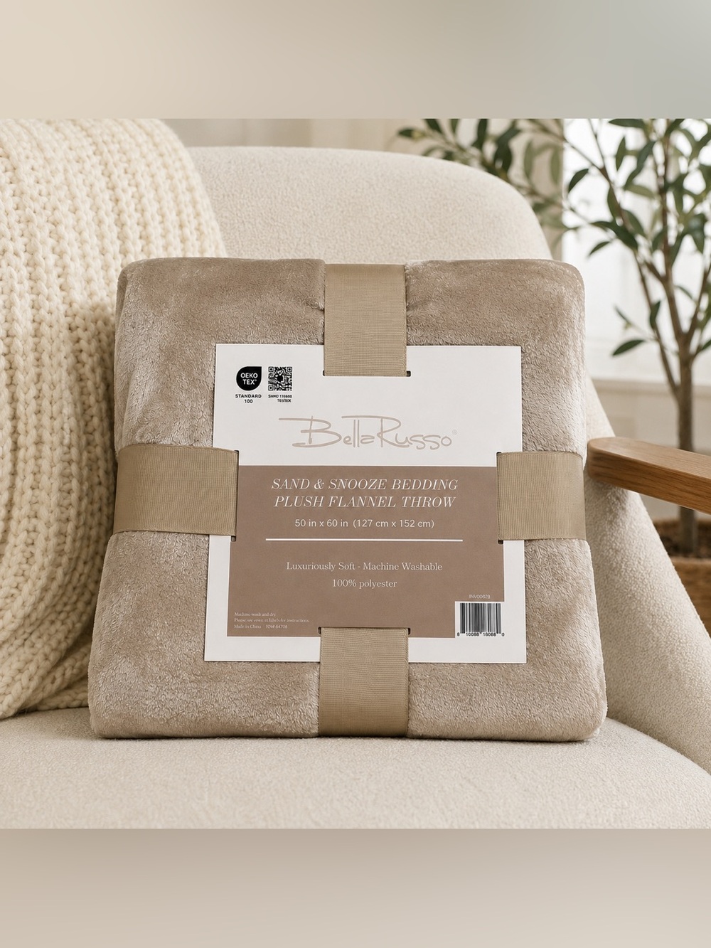 Bella Russo Sand & Snooze Plush Flannel Throw Blanket 50x60 Taupe Soft Cozy NWT